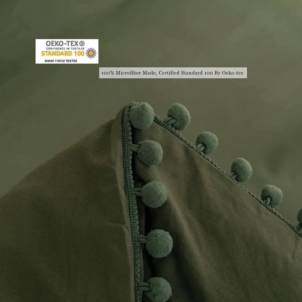 - New OLIVE GREEN Pom Pom Fringe Duvet Cover Set